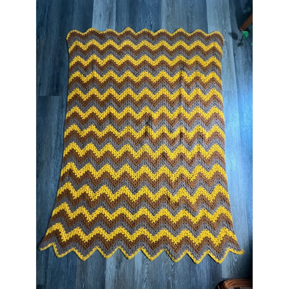 Handmade Crochet Afghan Blanket Unisex OS Yellow Brown Chevron Zigzag Vintage